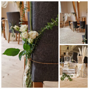 Herzförmiger Blumenschmuck aus Schleierkraut an einem Baum für die Trauzeremonie – Landpension Am Silberberg in Oberwiera